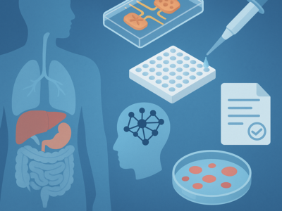 "Illustration of ADME toxicology innovations including human organs, organ-on-a-chip technology, AI neural network, high-throughput screening, and regulatory documents in a scientific visual style.